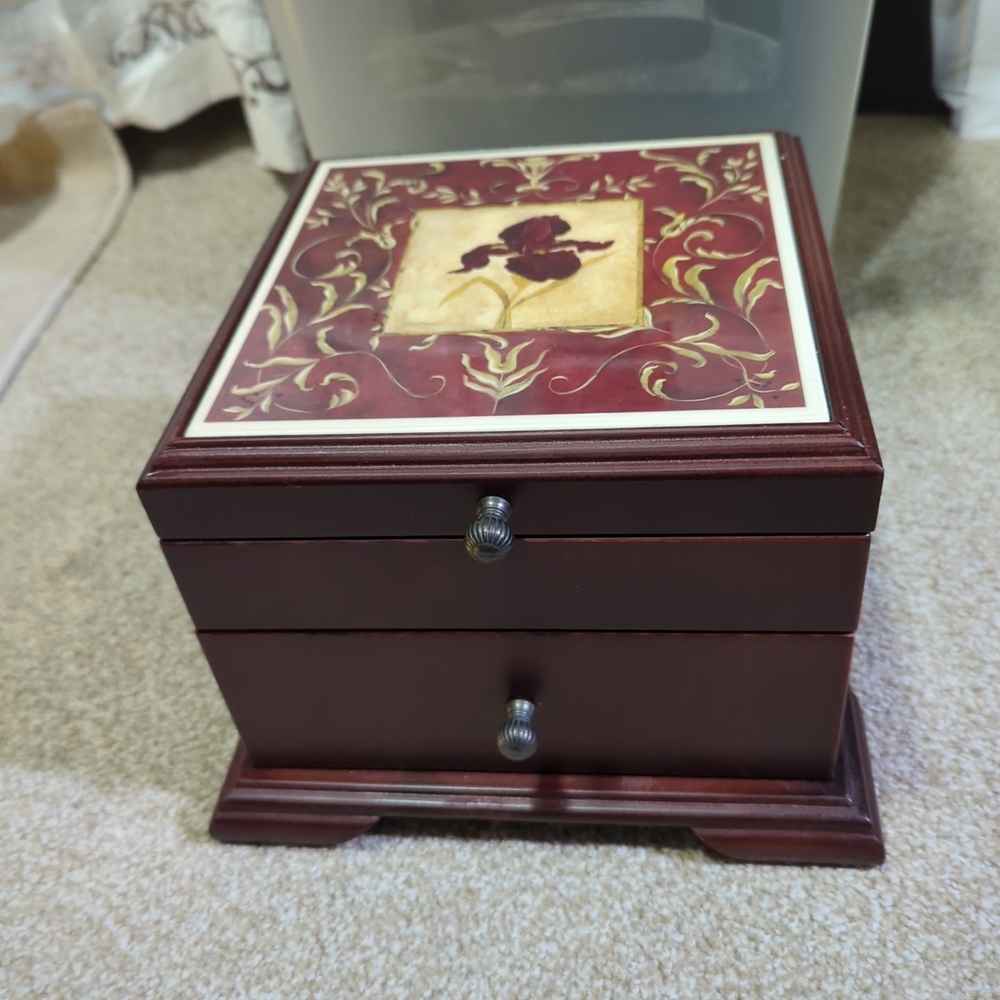 Laura Lehman Marble Top Floral Design Wood Jewelry Box 2004 Tri-Coastal Design